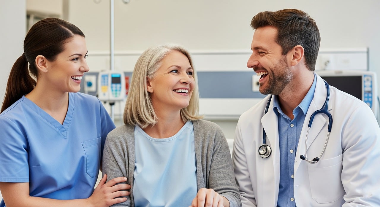 Two medical professionals, male and female, support a female patient who looks ready to leave hospital.