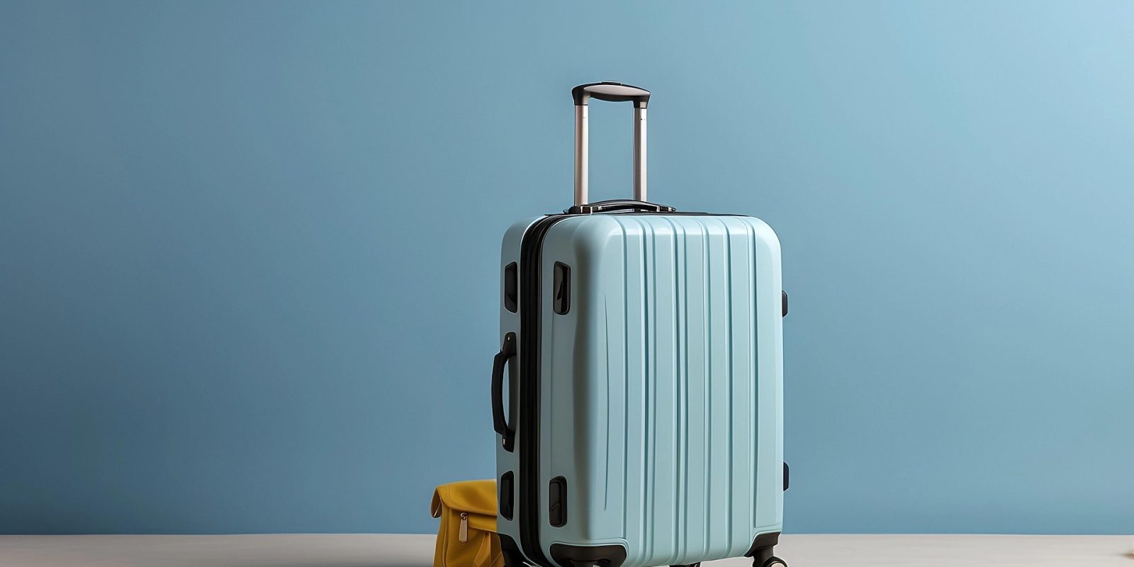 Light blue suitcase in front of a blue wall.